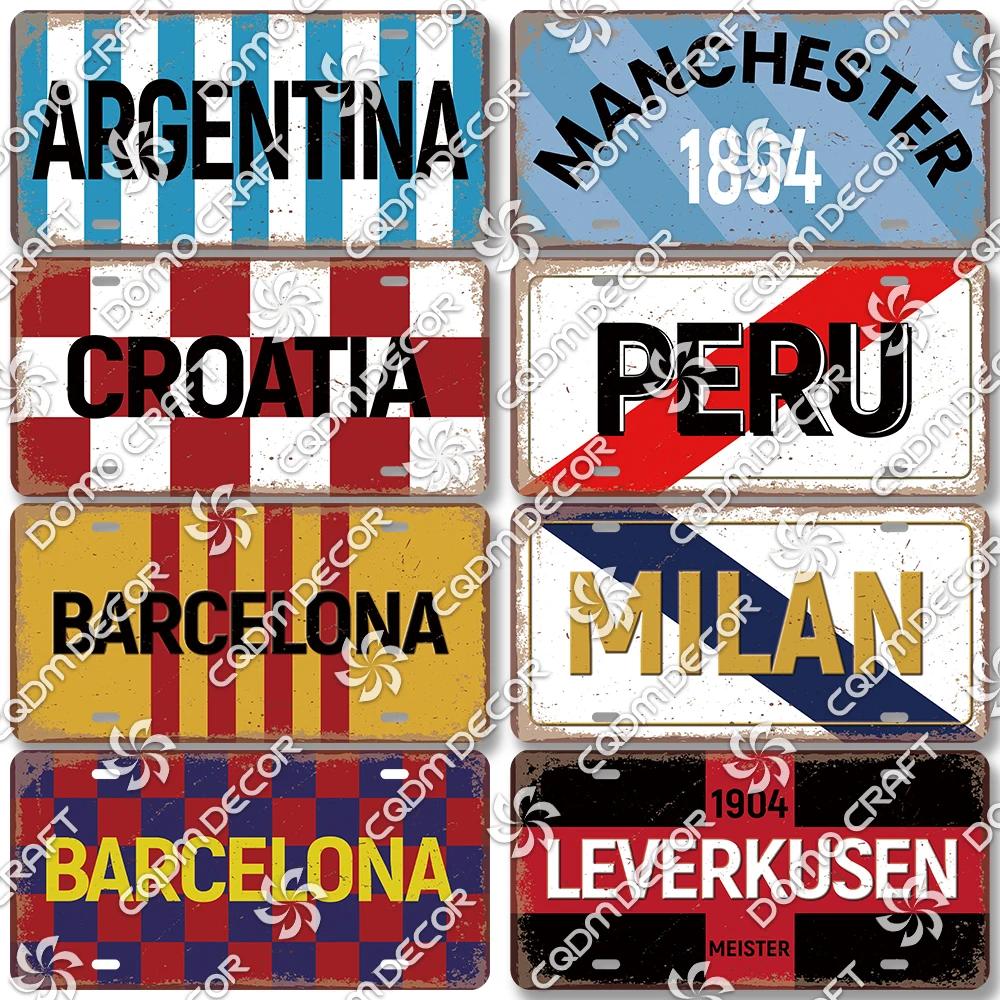 Football Club License Plate Tin Signs Retro Barcelona Milan Manchester Metal Poster Garage Bar Club Home Wall Decor