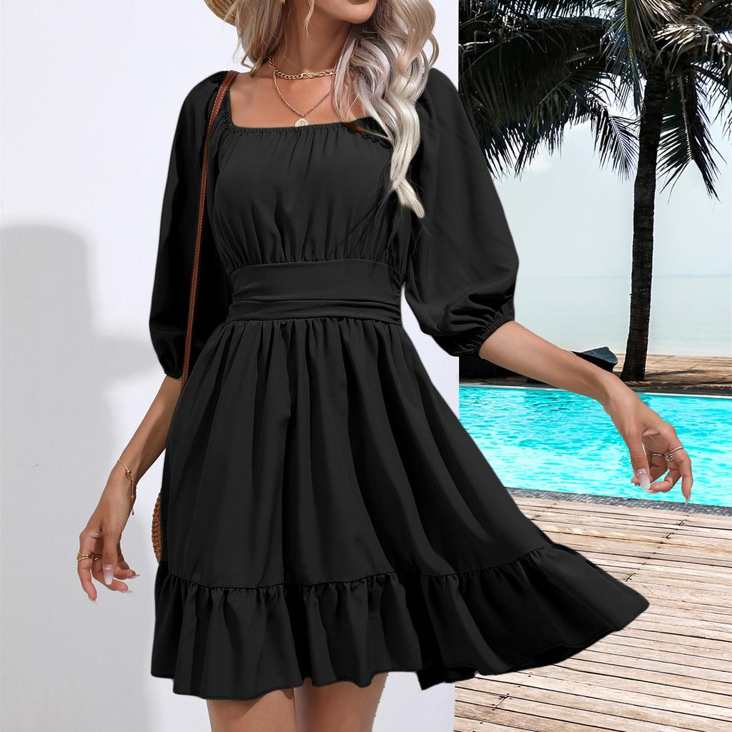 GMXIA Dámská móda Léto Jaro Jednobarevný potisk 3/4 rukávy Čtvercový límec Neformální šaty s vysokým pasem