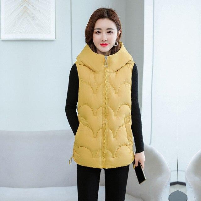 Autumn and Winter Women's Solid Color Loose Vest Drawstring Hooded Long Vest Jacket Cotton Padded Women's Windproof Warm Vest