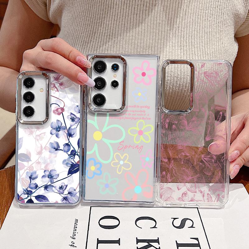 Romantic Rose Flower Pattern Case For Samsung S26 S25 Ultra S24 FE S23 Plus S22 S21 A15 A16 A17 A35 A36 A37 A54 A55 A56 A57 5G Plating Lens Soft Cover