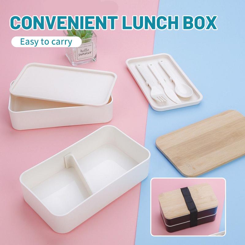 New Japanese Style Bento Box, Minimalist Double-layer Lunch Box with Knife, Fork, Spoon, Divided Student Lunch Box