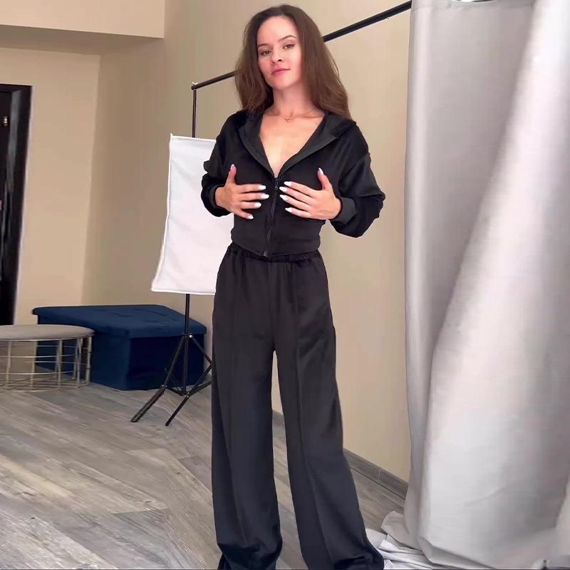 Autumn 2024 European & American Women's Solid Color Slim Fit Top and Sweatpants Two-Piece Set.