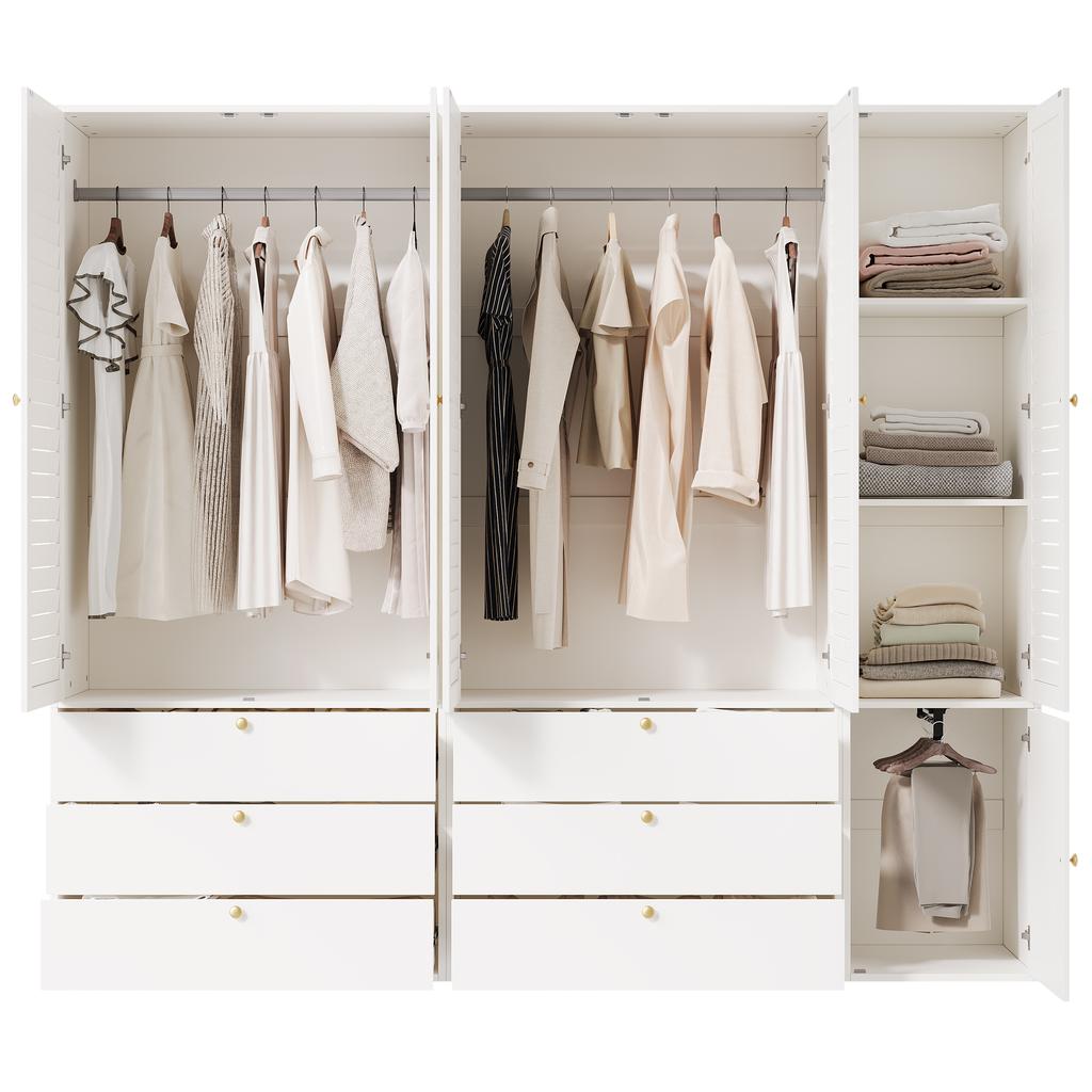 Kleiderschrank mit 5 Türen, elegante Lamellentüren, weiß, 225 x 50 x 200 cm, mit 3 Kleiderstangen, mit 6 Schubladen, geeignet für Schlafzimmer, Kinderzimmer