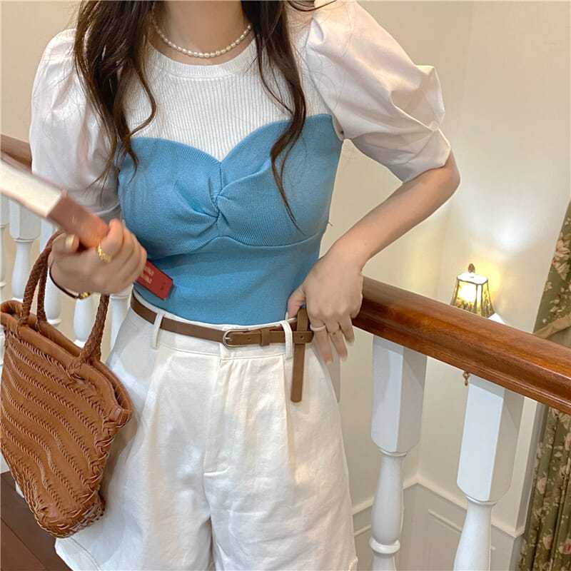 Summer Short Sleeved Women's Tops New Slim Temperament Spliced Contrasting Color Short Knitted Sweater Trend