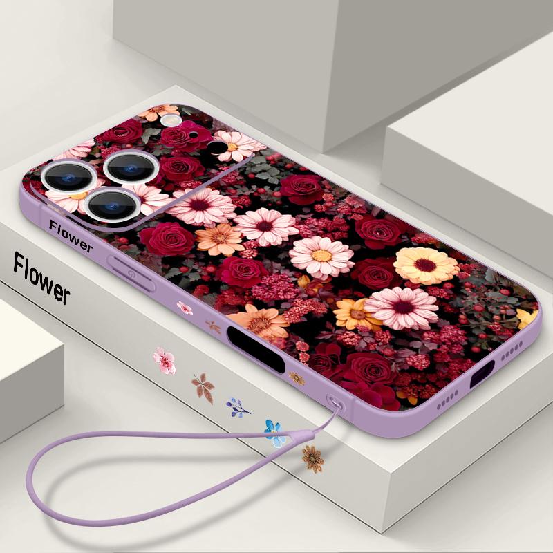 Wrist Strap Lanyard TPU Phone Case For iPhone 17 16 15 Pro Max 13 14 Pro Max 17e 16e 11 White Flower Soft Silicone Back Cover