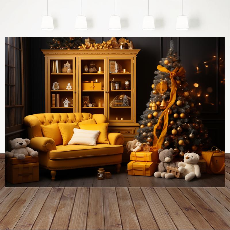 Mocsicka Indoor Christmas Home Photography Backdrop Child Birthday Photo Background Xmas Tree Bear Gifts Sofa Party Decor Banner