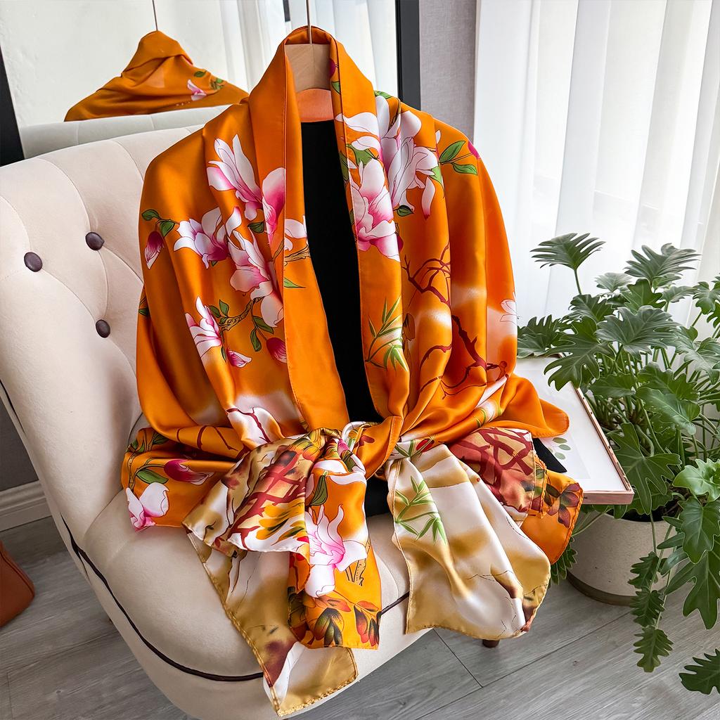 Women's 180x90cm Silk Scarf Luxury Soft Smooth Long Shawl Wrap Turban Fashion Accessory for Outdoor Beach Sunscreen