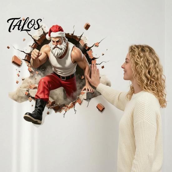 Festive Home Decorations Muscle Santa Claus Break Through Wall Christmas Decal, 3D Cracked Brick Creative Ornaments Self‑Adhesive Sticker,