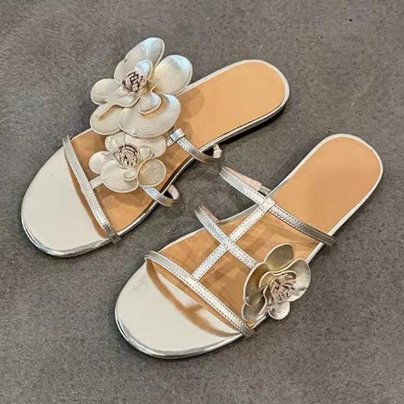 Fashion Sweet Flower Decoration Slippers Women Fashion Narrow Band Round Toe Designer Shoes Summer Open Toe Beach Sandals Zapatos Mujer