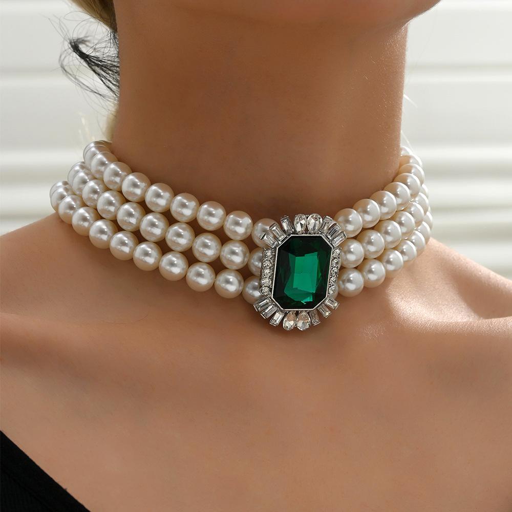 Multi Layered Simulated Pearl Green Crystal Choker Necklace Collar Statement Boho Clavicle Chain Necklace Women Jewelry