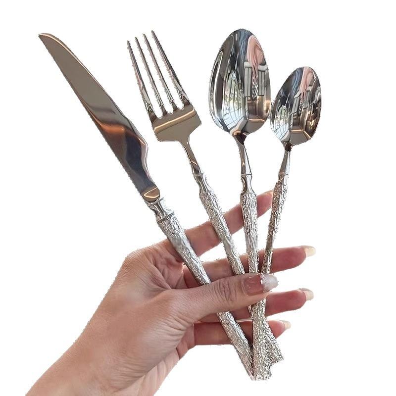 304 Stainless Steel Light Luxury European Hammer Pattern Western Food Knife and Fork Spoon High Value Mirror Polished Steak Knife and Fork Set