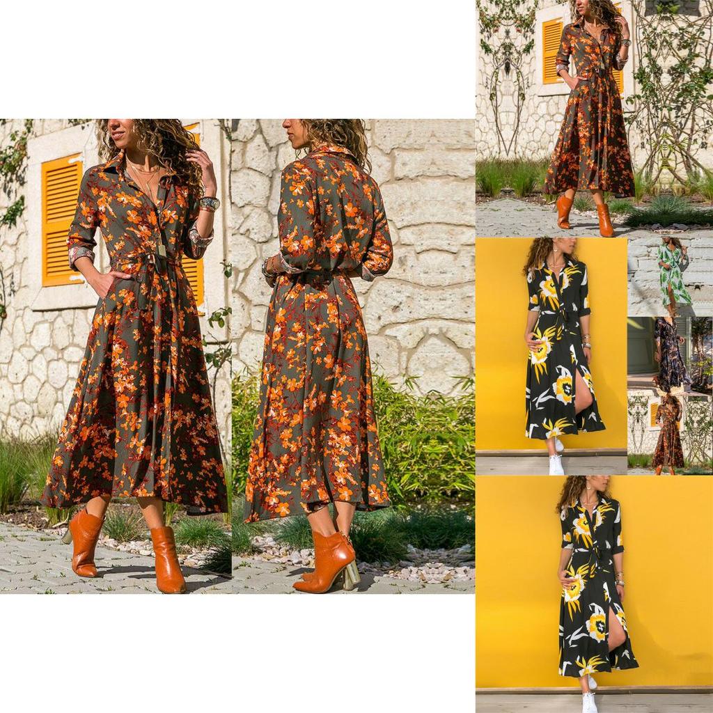 Elegant Women Long Sleeve Loose Split Maxi V-neck Button Shirt Dress Sundress