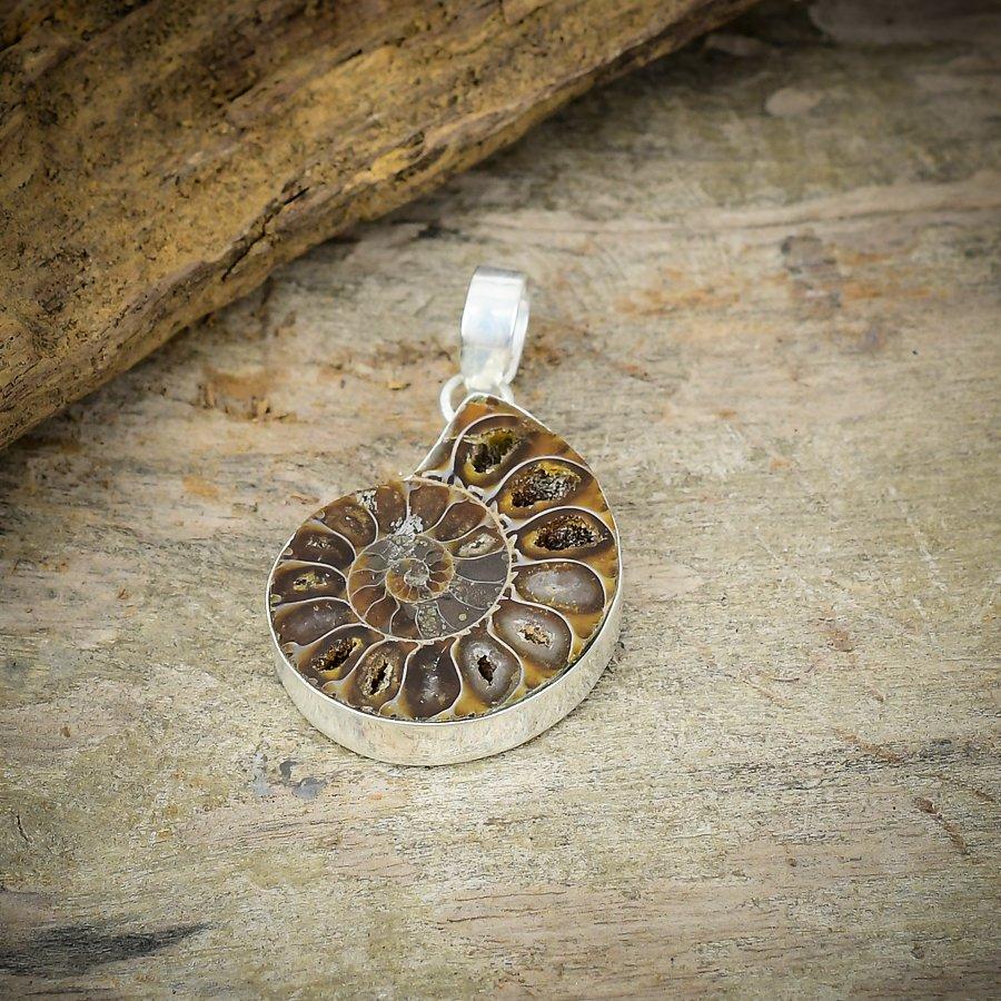 Ammonite Fossil Gemstone Handmade 925 Sterling Silver Jewelry Pendant 1.77" M-197