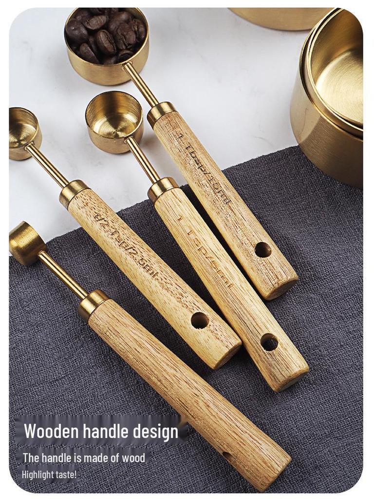 Acacia Wood Handle Stainless Steel Measuring Cups & Spoons Set - 8-Piece for Baking & Bartending