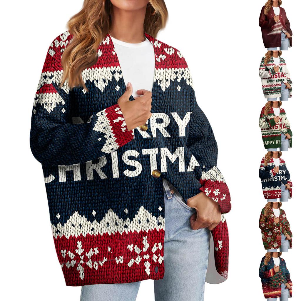 Women's Fashion Long Sleeve Christmas Print V-Neck Button Loose Cardigan Top