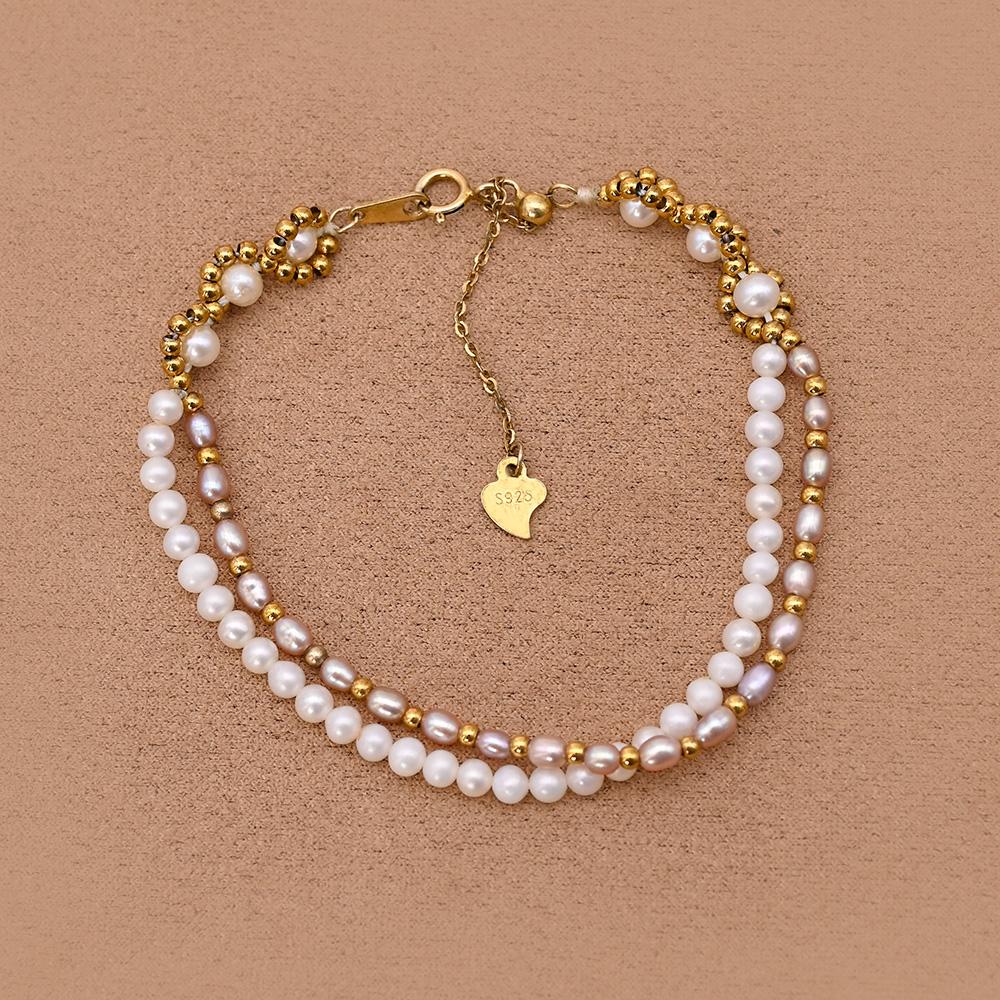 Norns Exclusive Design 16cm Double Layer Freshwater AAAA Pearl Bracelet Natural White Round Purple Rice Pearl Beaded Bracelets