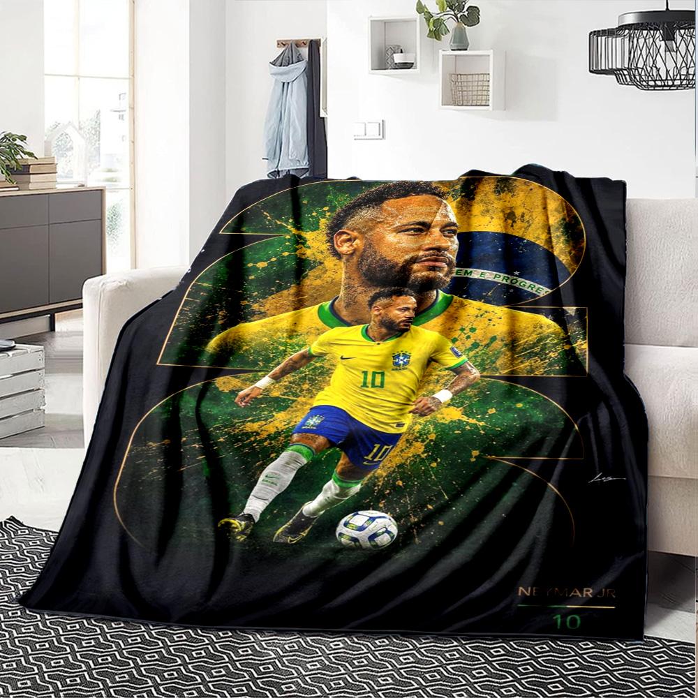 Brazil National Football Player Portrait Print Flannel Blanket Green Splash Background Soft Throw Blanket Soccer Fan Bedroom Decor
