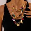 Retro Rhinestone Multi-layer Chain Necklace Insect Leaf Flower Geometric Pendant for Women Jewelry