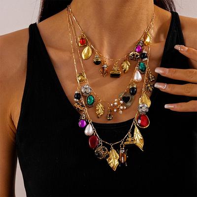 Retro Rhinestone Multi-layer Chain Necklace Insect Leaf Flower Geometric Pendant for Women Jewelry