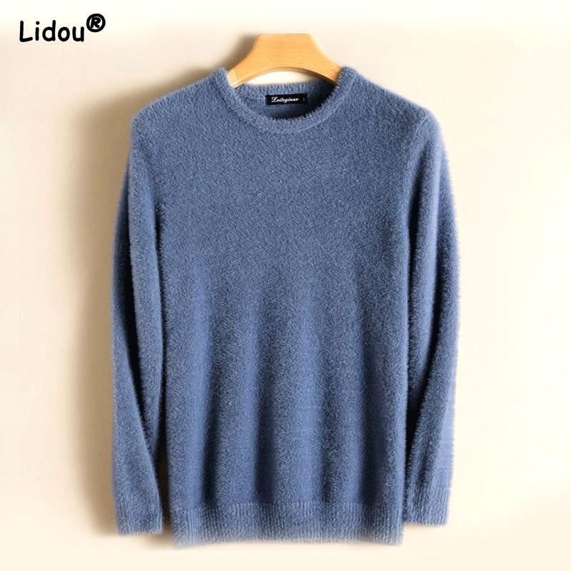 Autumn and Winter Korean Version Simple Solid Color Versatile Round Neck Long Sleeved Loose Casual Oversize Mink Sweater
