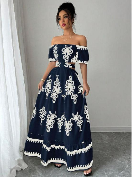 2026 Ethnic Style One-Shoulder Floral Pullover Long Dress for Women - Spring Collection