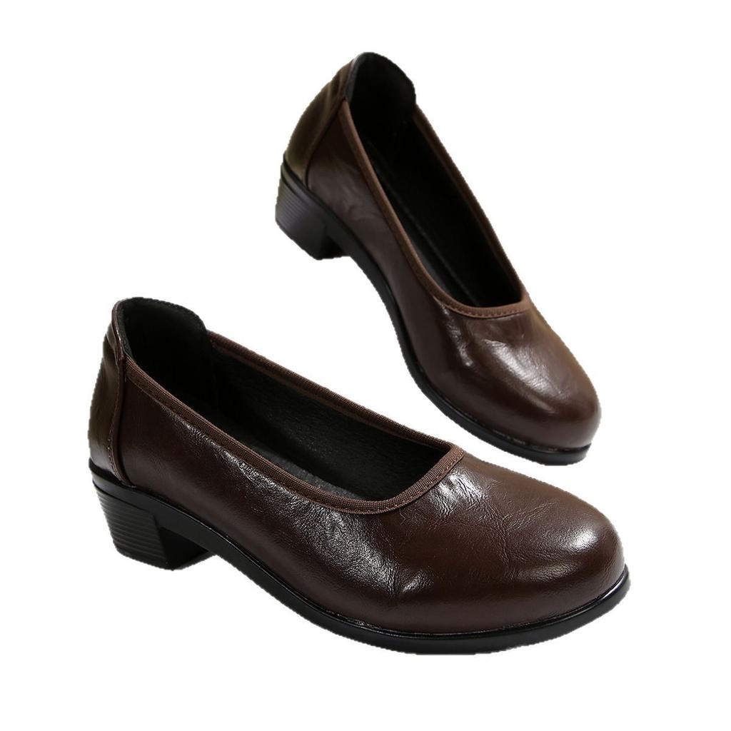 Arbeitsschuhe Damen Schwarz Leder Runde Spitze Leichte Öffnung Dicker Absatz Einzelne Schuhe Bequeme Weiche Sohle Professionelle Arbeit Lederschuhe Mittelhoher Absatz