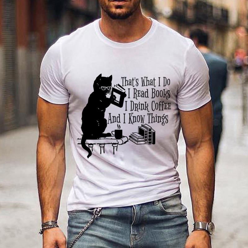 

Мужская футболка Вот что я делаю Я читаю книги Печатные футболки Черная кошка Футболка Пить кофе Любители Футболки Мужские футболки XXXL белый