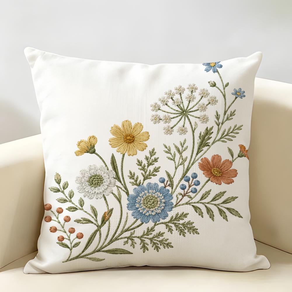Federa Cuscino Fiori Ricamati Colorati Lino Naturale Tessuto Biologico Stampa Double-Face Traspirante Perfetta Per Arredo Casa