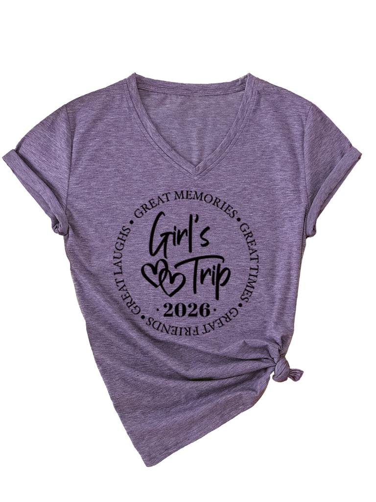 Casual and Comfortable Women's Girl's Trip Temperament V-neck Short-sleeved T-shirt