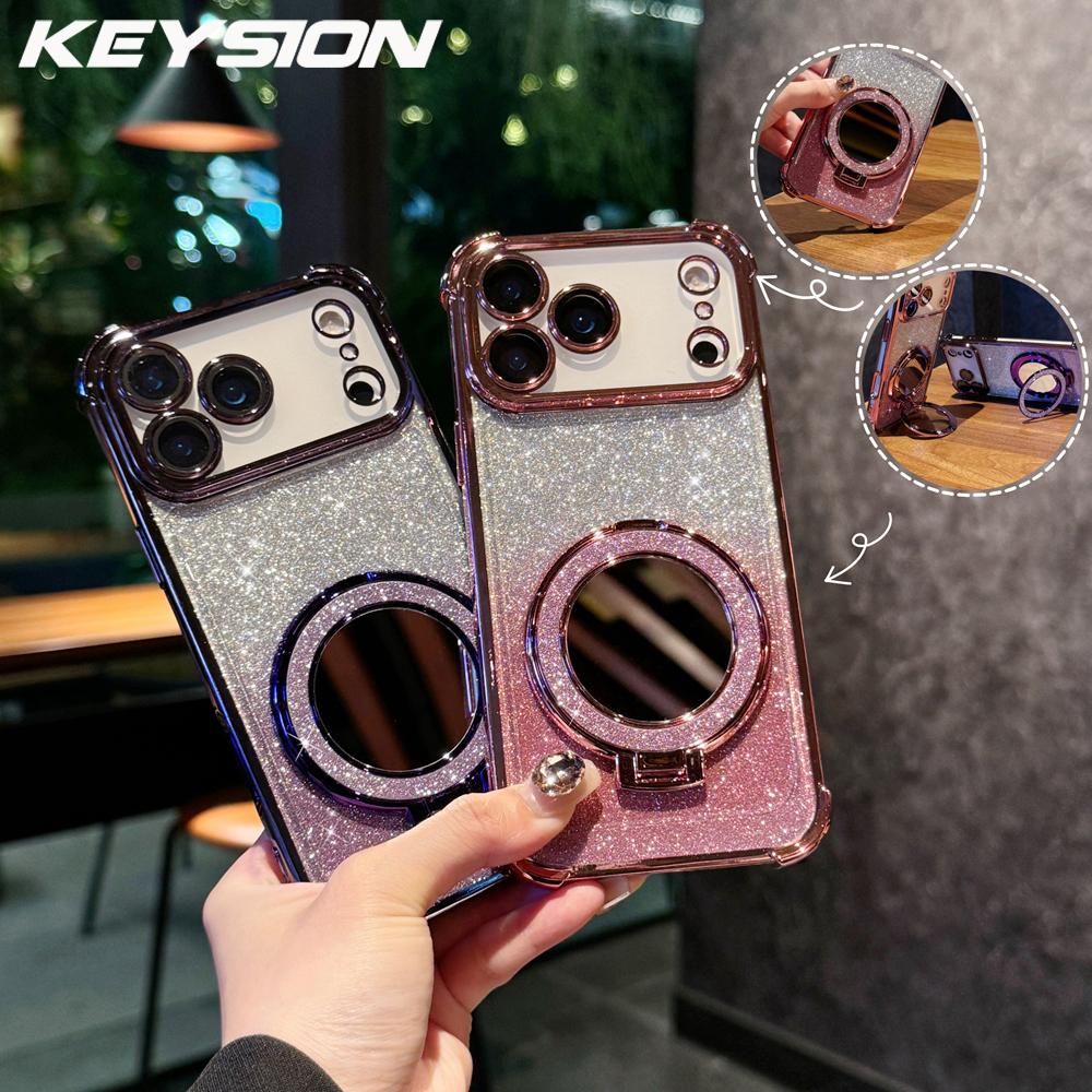 KEYSION Gradient Glitter Magnetic Phone Case for MagSafe for iPhone 17 Pro Max 17 Air Makeup Mirror Ring Stand Shockproof Cover