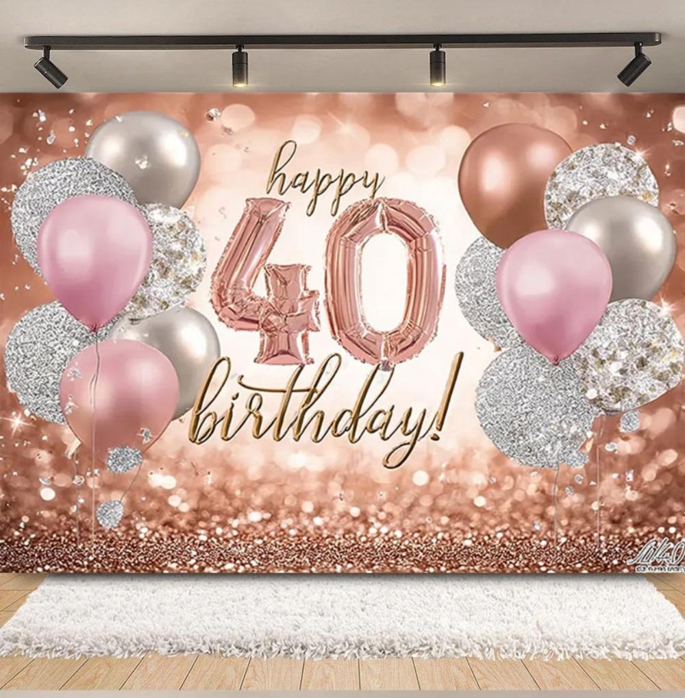Glücklicher und lebendiger Roségold-Themen-Hintergrund für den 40. Geburtstag Dekoration für die Geburtstagsfeier eines Erwachsenen Fotografie-Hintergrund