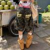 Men Women Loose Fit Cargo Shorts With Camo Print Drawstring Waist Denim Mid-Thigh Pants Casual Wear
