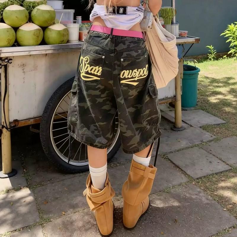 Men Women Loose Fit Cargo Shorts With Camo Print Drawstring Waist Denim Mid-Thigh Pants Casual Wear