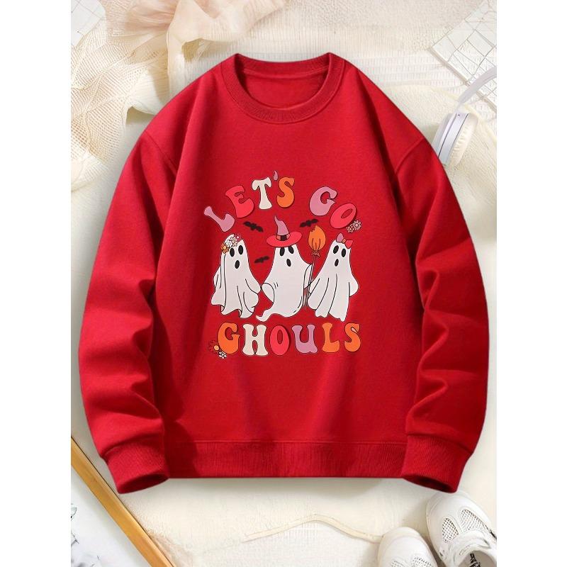 Kids Sweatshirt Casual Halloween Graphic Print Sweatshirt - Black Round Neck Pullover with Playful Ghosts &  Let s Go Ghouls  Design 110 красный
