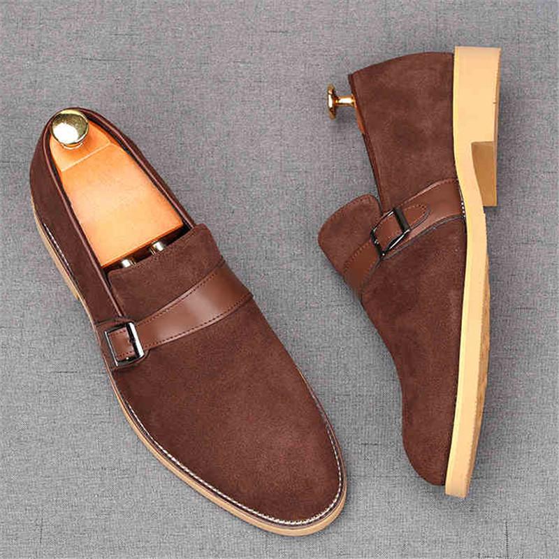 Fashion Fashion New Men's Pointed Genuine Leather Flats Monk Strap Shoes Brown Yellow Designer Male Homecoming Wedding Dress Footwear