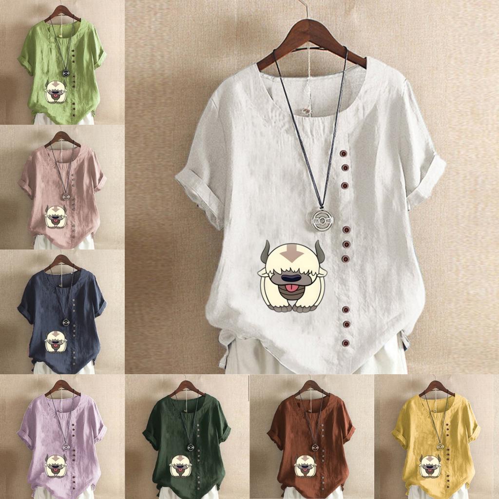 Damenmode Cartoon-Figuren bedrucktes T-Shirt mit Rundhalsausschnitt und kurzen Ärmeln, lässiges Baumwoll-Leinen-Grafikhemd, Freizeit, lockere Sommerbluse