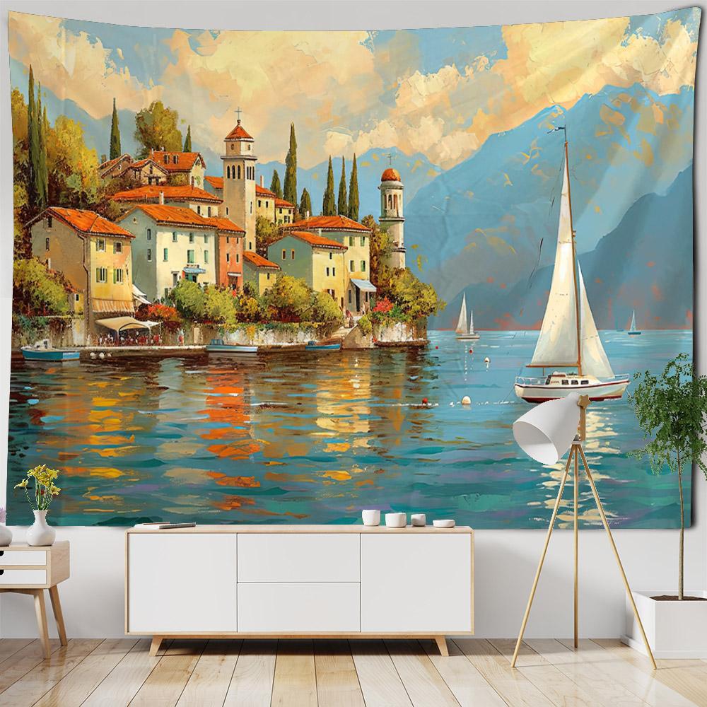 Sea View Oil Painting Printed Tapestry Wall Hanging Living Room Bedroom Wall Decoration Outdoor Picnic Bed Sheets Beach Mats