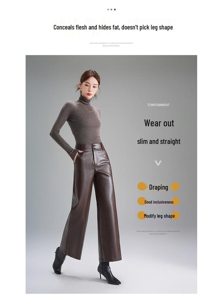 2025 Women's High-Waisted Fleece-Lined Lambskin Leather Pants - Slimming Loose Fit Straight-Leg, Ideal for Autumn and Winter