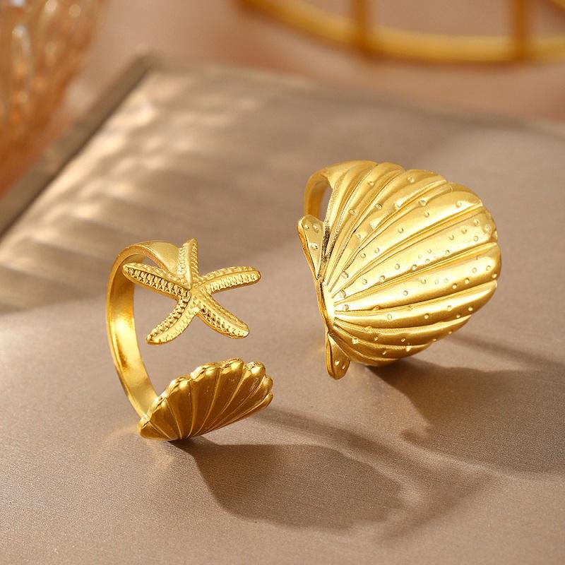 Stainless Steel Sea Star Shell Open Rings For Women Men Vintage Gold Color Adjustable Finger Ring Jewelry Beach Party Gifts