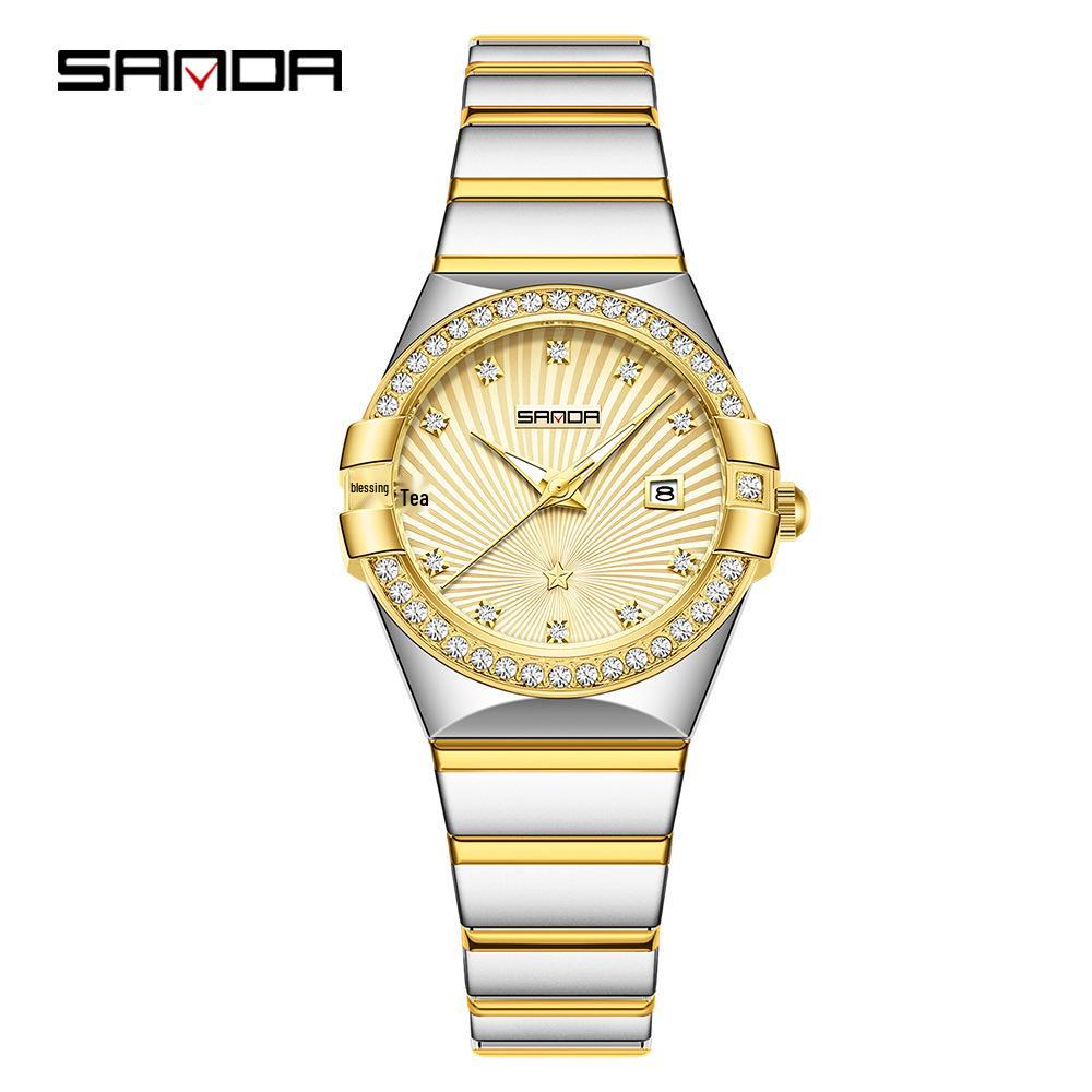 SANDA Women's Waterproof Luminous Quartz Watch with Sunray Dial and Diamond Set Markers
