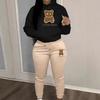 Womens Comfortable Hooded Sweatshirt Jogger Pants Set With Bear Print Color-Block Design Streetwear