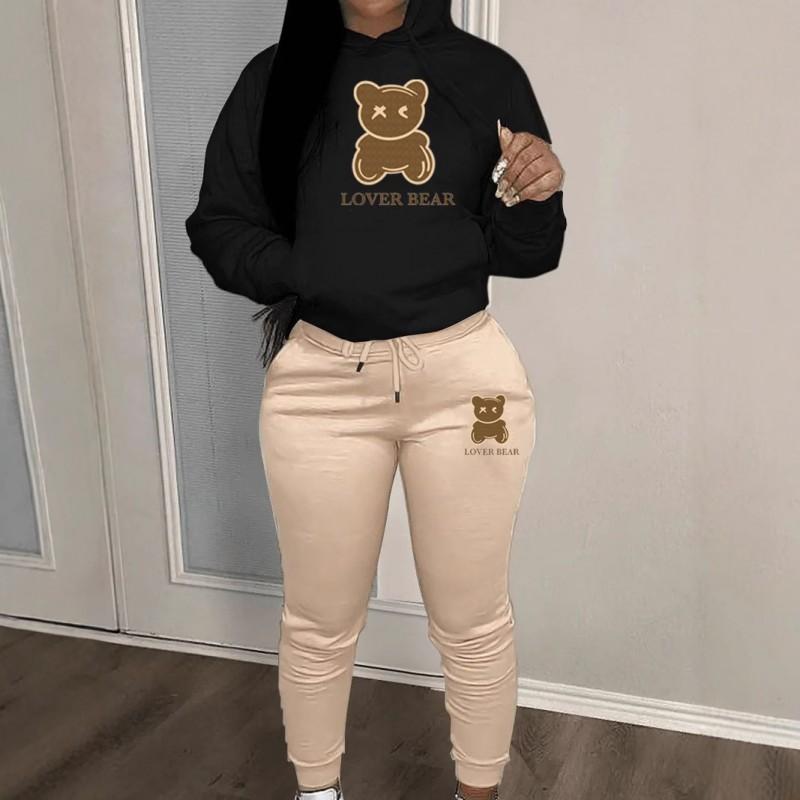 Womens Comfortable Hooded Sweatshirt Jogger Pants Set With Bear Print Color-Block Design Streetwear