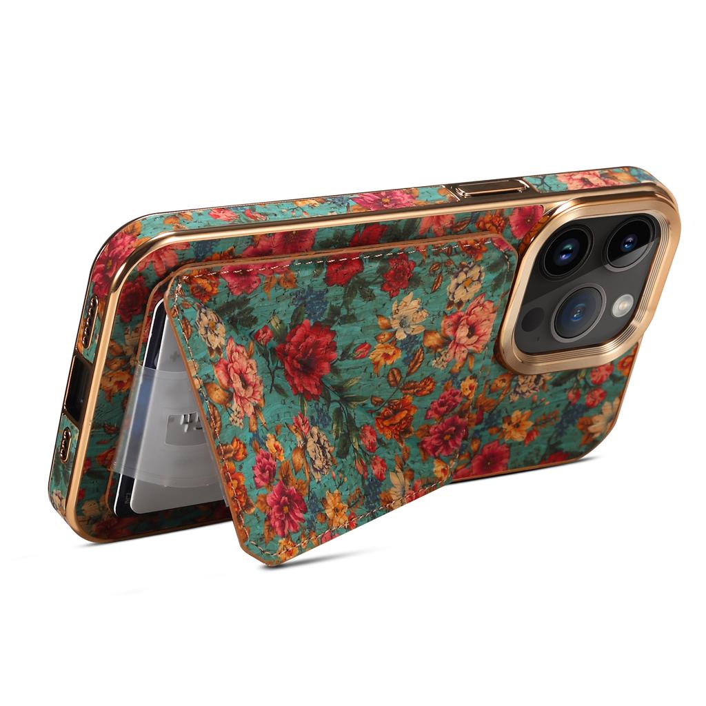For iPhone 15 Pro Max Card Slots Kickstand Phone Case PU Leather Coated PC+TPU Flower Pattern Printed Cover
