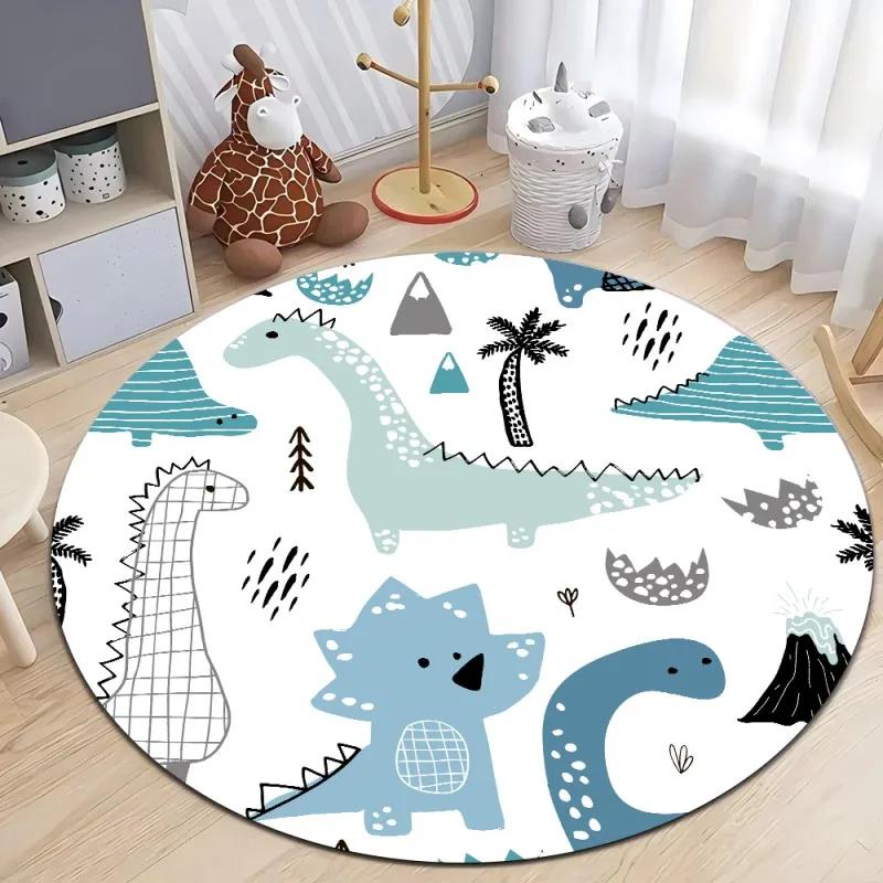 Cute Dinosaur Cartoon Round Rug, Soft Chenille Non Slip Floor Mat for Kids Room, Living Room, Nursery, Washable Area Rug