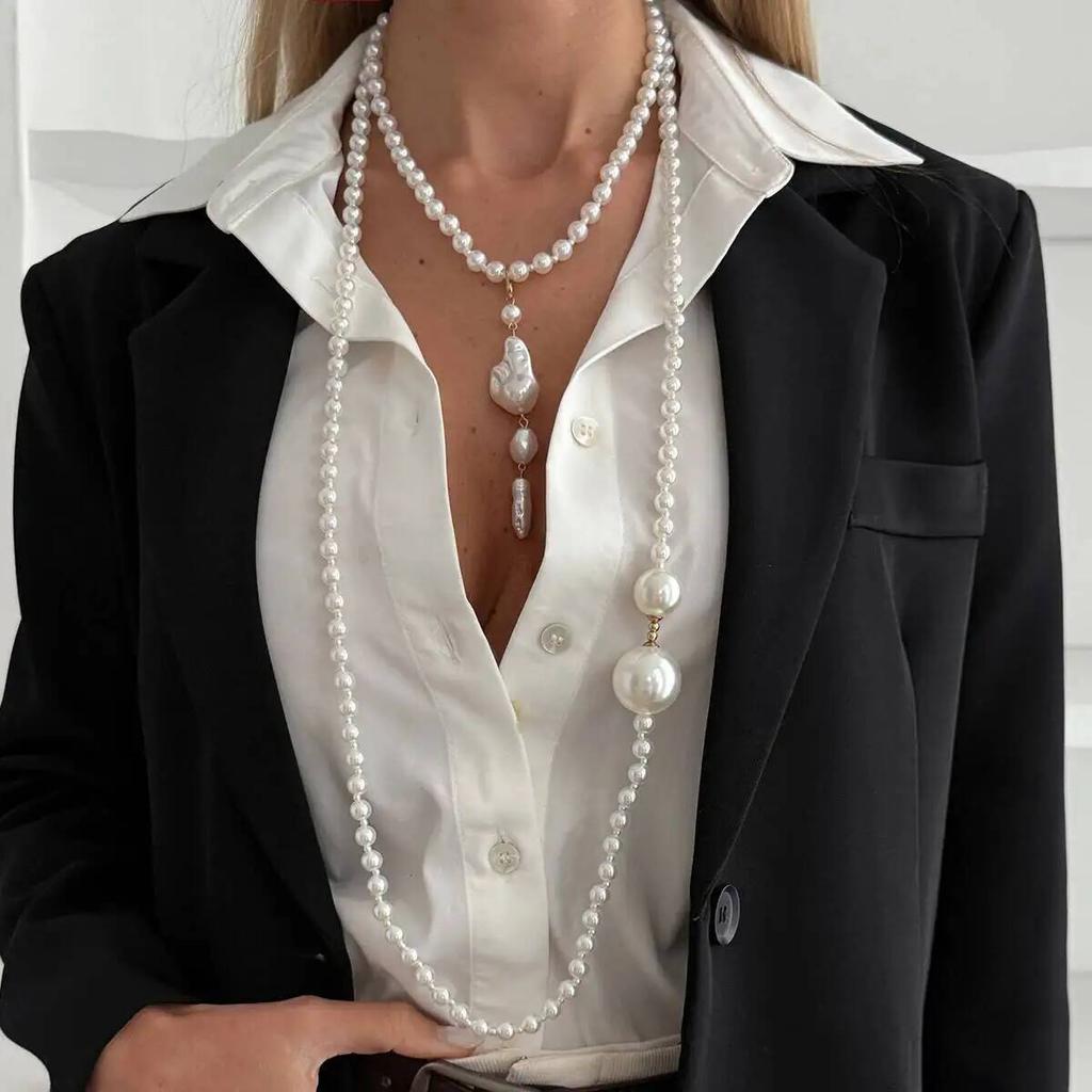 SHIXIN Luxury Big Imitation Pearl Long Chain Necklace for Women Bridal Elegant Beaded Sweater Chain Wedding Jewelry On the Neck