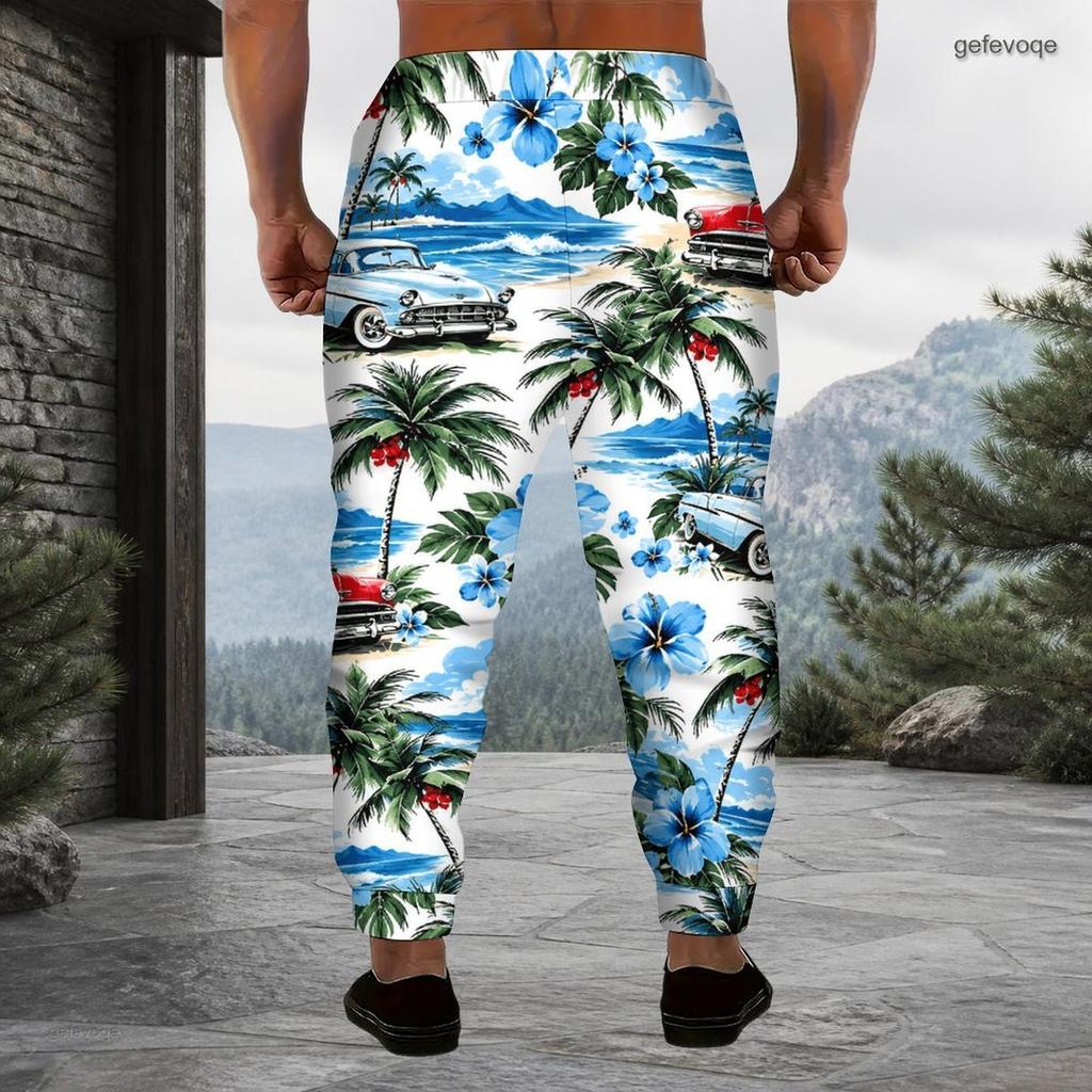 Men Plus Size Colorful Floral Printed Drawstring Cuffed Ankle Jogger Pants With Side Pockets