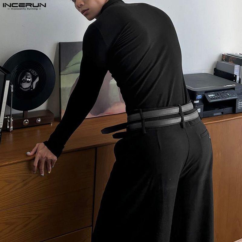 INCERUN Men Lapel Neck Long Sleeve Plain Texture Casual Tops T-Shirts 