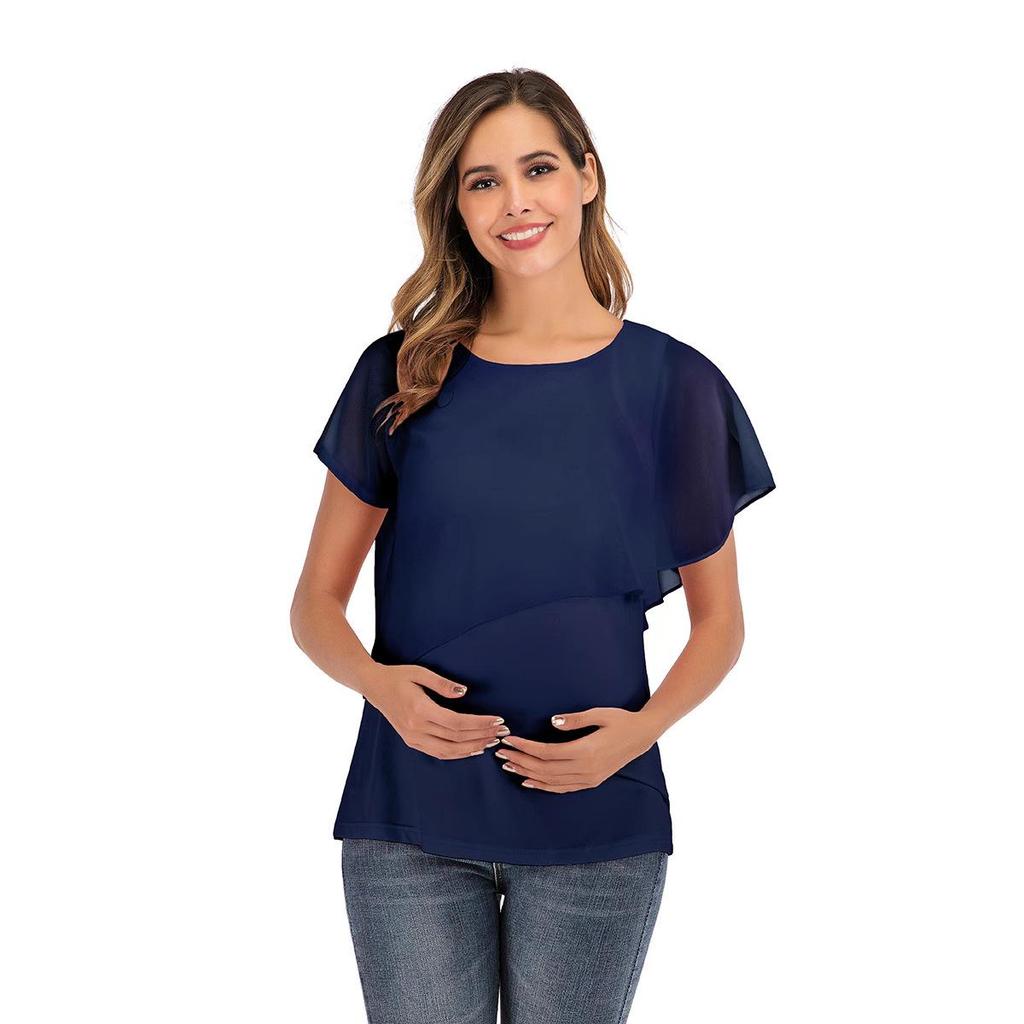 2023 Women's Chiffon Patchwork Maternity Nursing Top, Summer Short Sleeve