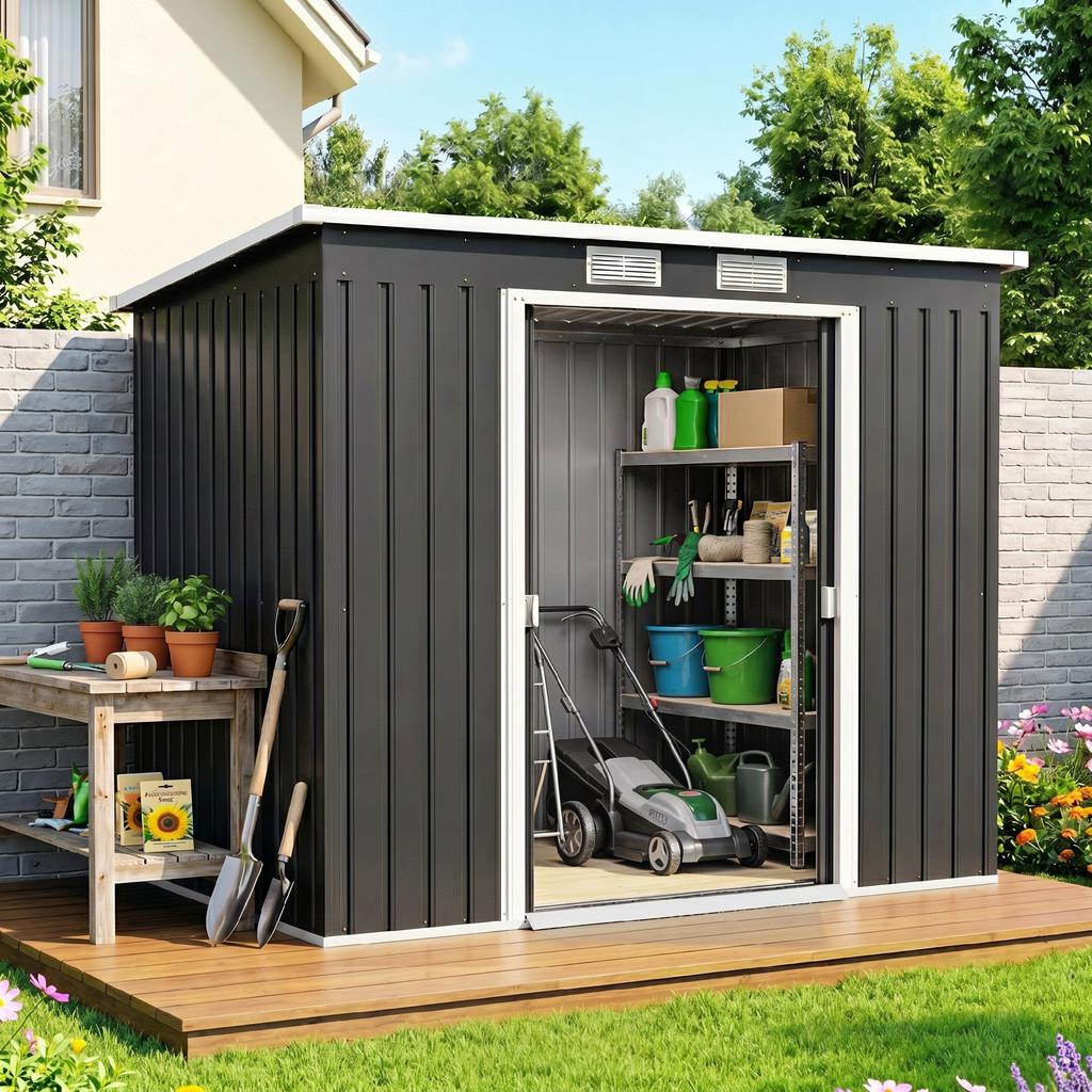 7 x 4 ft Gegalvaniseerd Stalen Tuinhuisje, met Fundament Kit - Donkergrijs