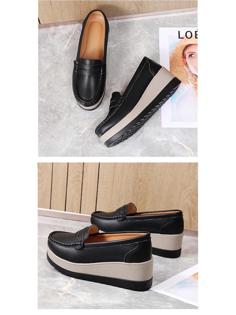 Women's Plus Size Genuine Leather Slip-On Platform Shoes - Thick Sole, Height Increasing, Spring & Autumn Fashion for Work.